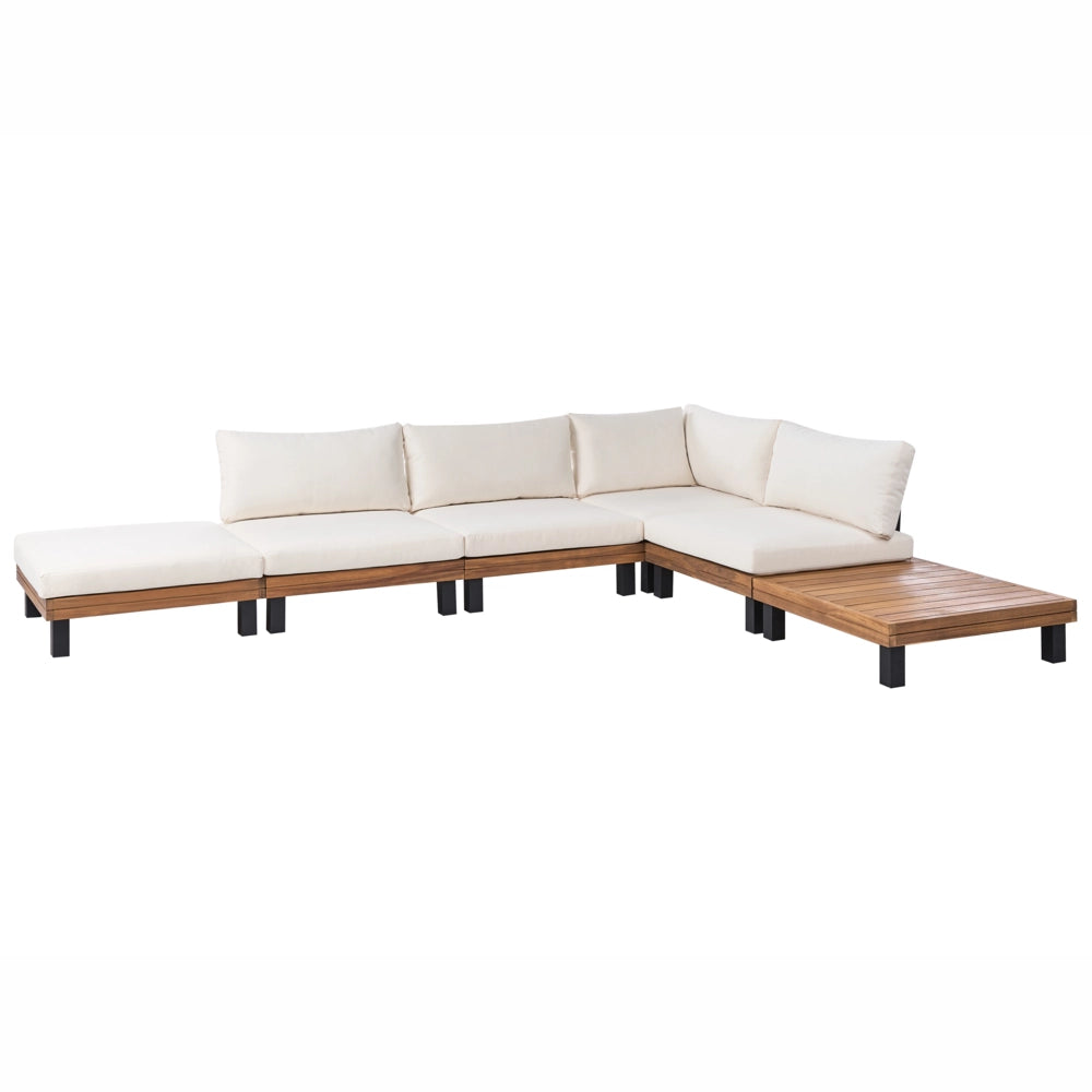 Set divano angolare modulare da giardino Tavolino in legno di acacia certificato con Cuscini in poliestere bianco sporco