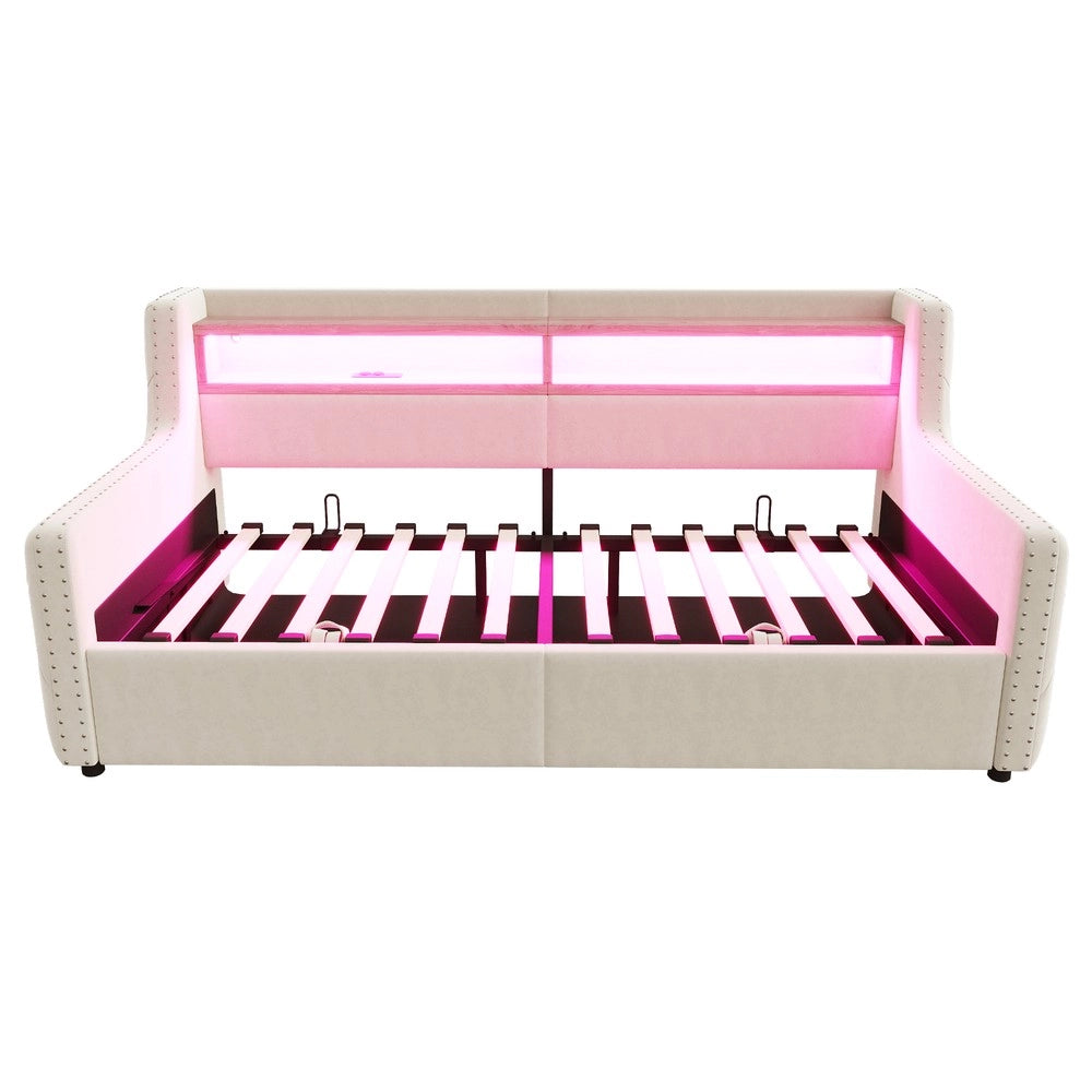 Letto Imbottito con Contenitore Idraulico e LED ¨C MINIMAL ¨C Beige 90x200