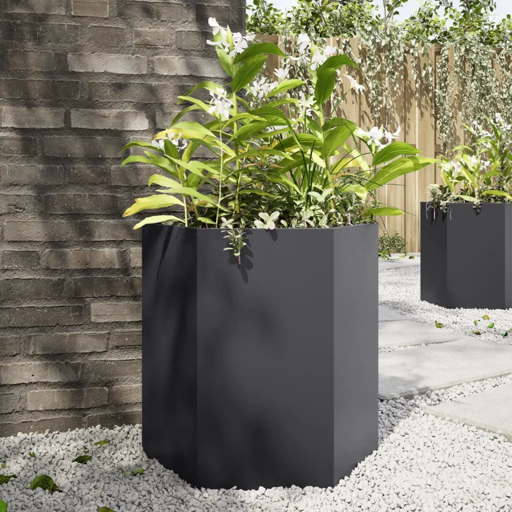 2 pz Fioriere | Cassetta per fiori | Vaso da Giardino Esagono Nero 46x40x45 cm Acciaio