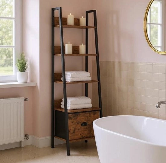 Scala per bagno a 5 livelli con pannelli di legno di abete e struttura metallica 42 x 29 x 141 cm stile rurale