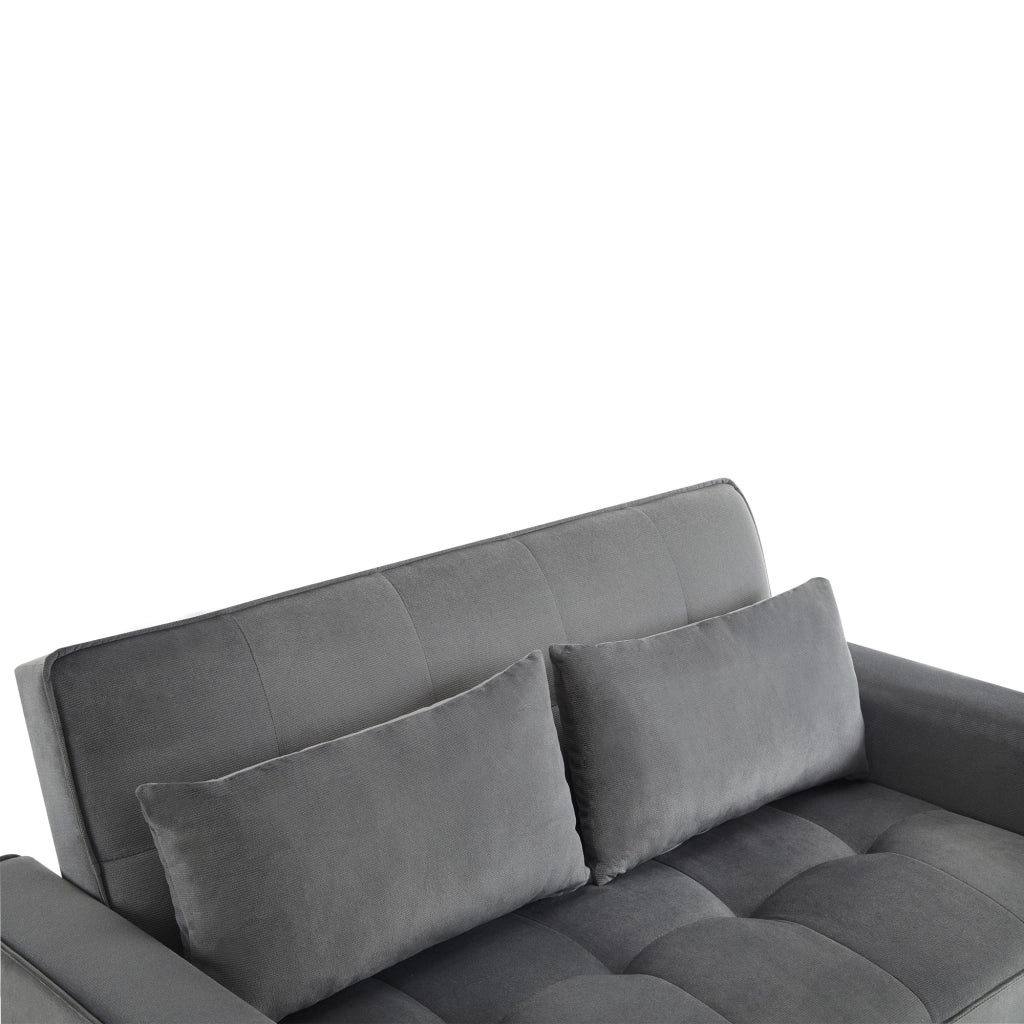 Divano letto 2 posti 137x163 cm in velluto grigio con portabevande e 2 cuscini