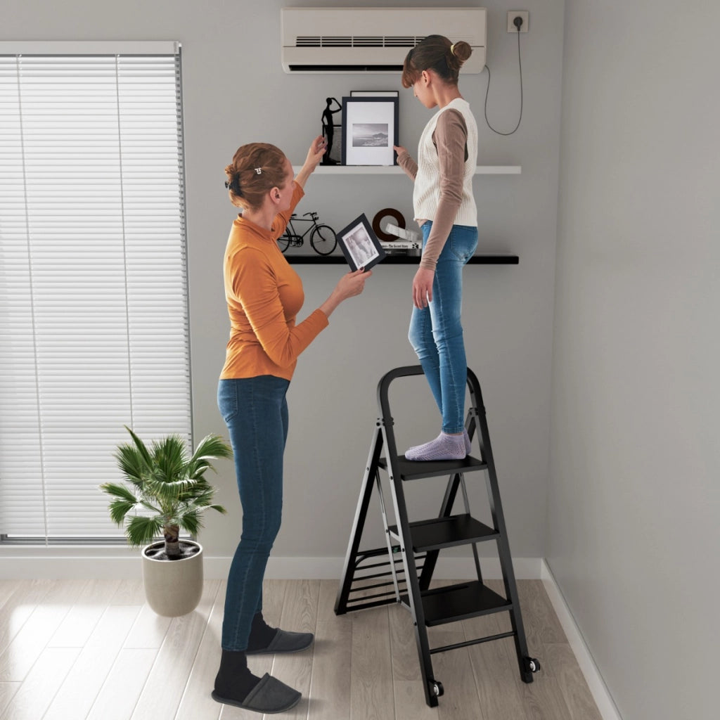 Combo scala e carrello a mano 2-in-1, Scala a 3 gradini pieghevole in metallo con ruote carico massimo 250kg Nero-Scale e ponteggi