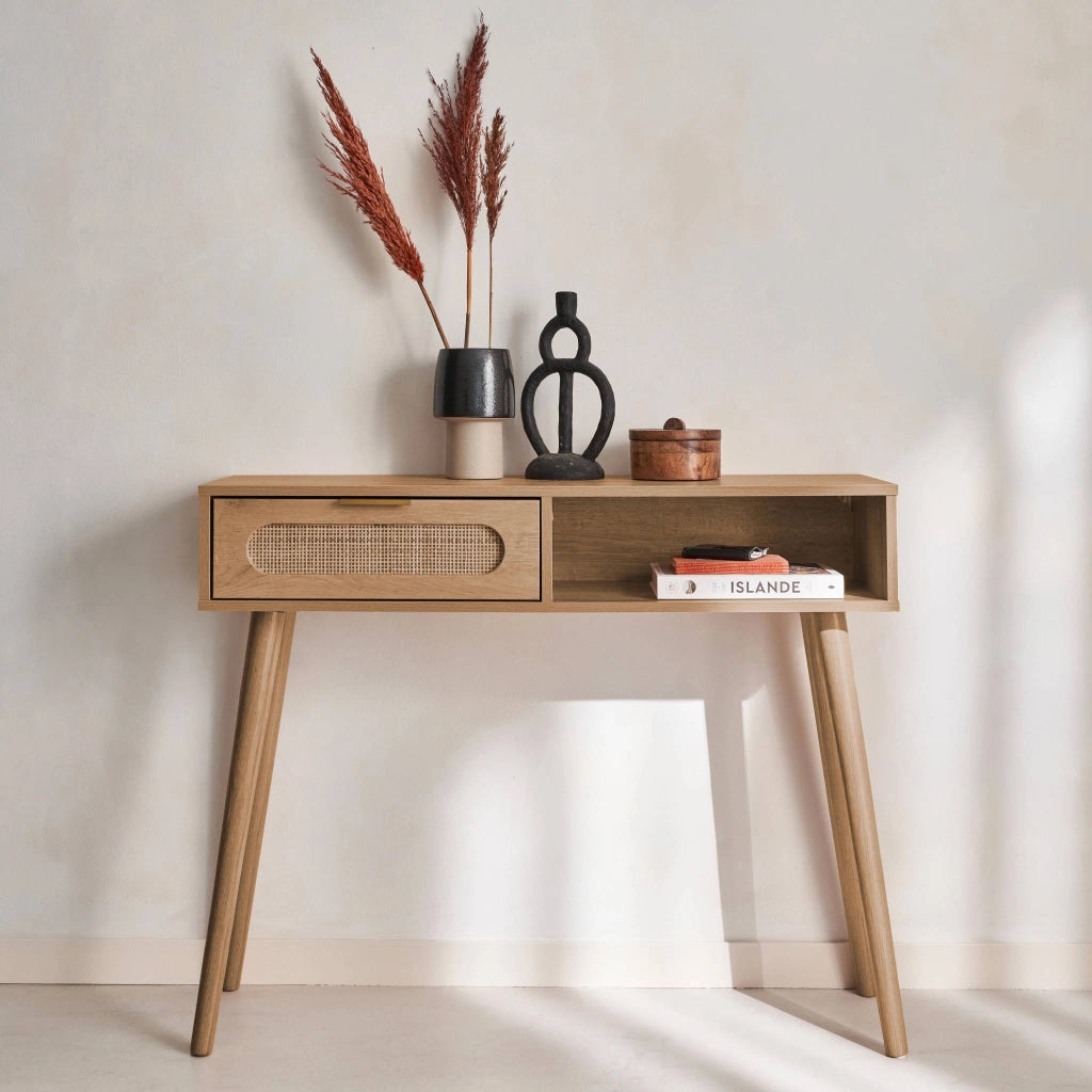 Consolle scandinava in canna e legno, 100cm, marrone naturale
