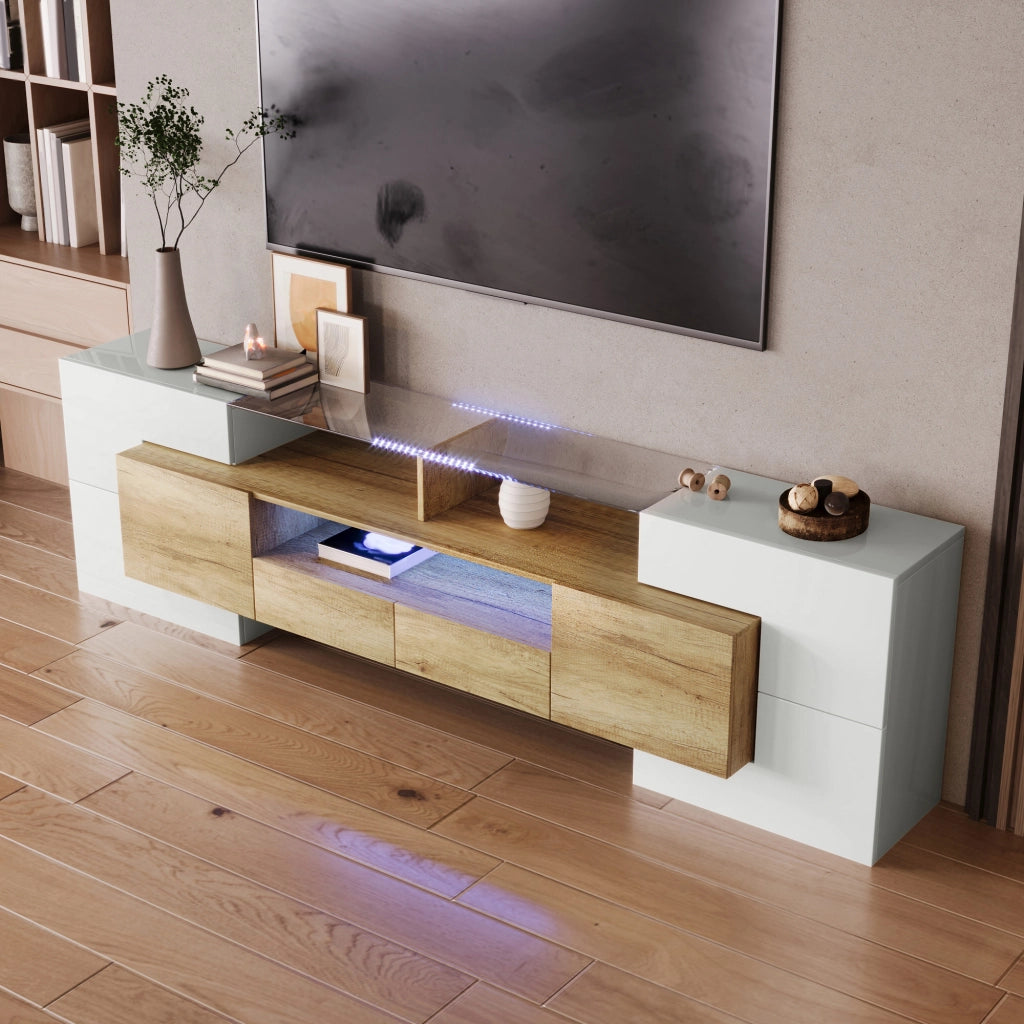MOBILE TV 200x35x60 cm MDF Bianco lucido e colore legno con LED