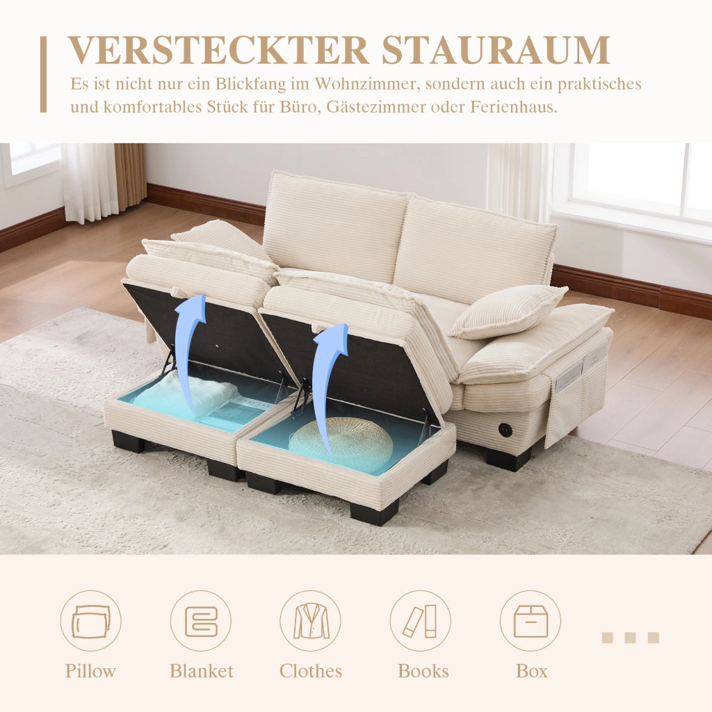Divano modulare 2 posti - con USB-C; tasche laterali e pouf contenitore - in velluto a coste beige