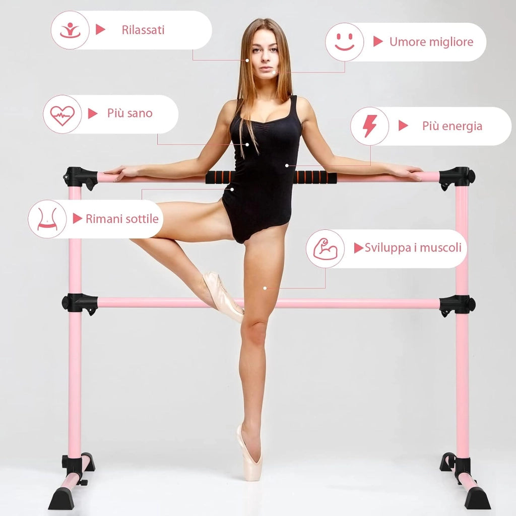 Sbarra da Balletto Doppia in Metallo, Portatile e Regolabile in Altezza con Cuscinetti Antiscivolo e Base Girevole, Ideale per Allenamento Stretch, Carico Massimo 50 kg