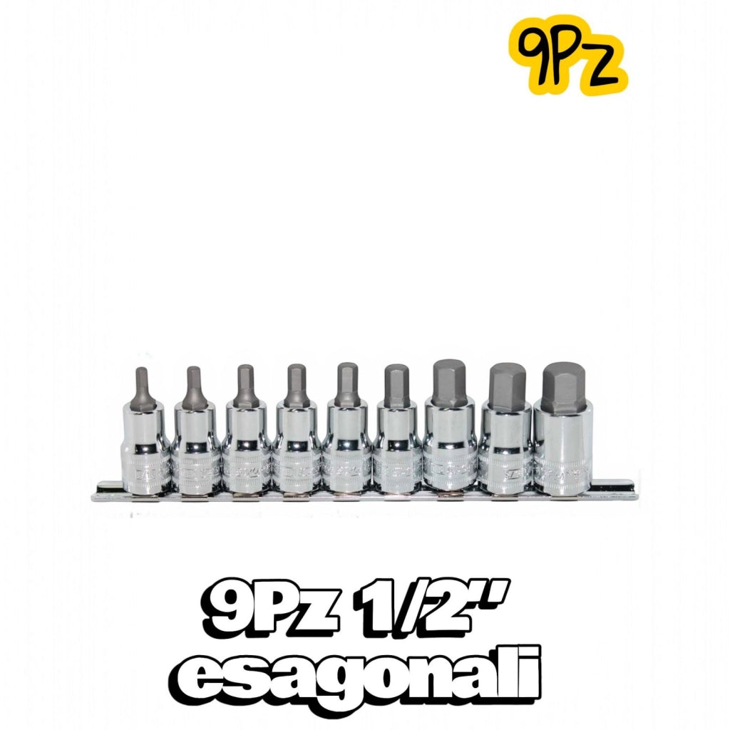 Set 9 Bussole Esagonali Professionali Acciaio CR-V, Attacco 1/2" Art.07785