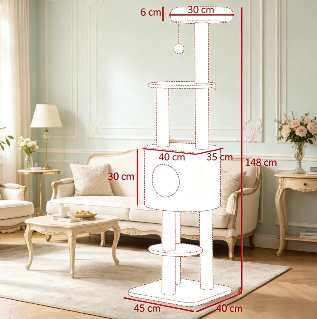 Tiragraffi per Gatti Beige 148 cm con Cuccia, Pallina e Sisal