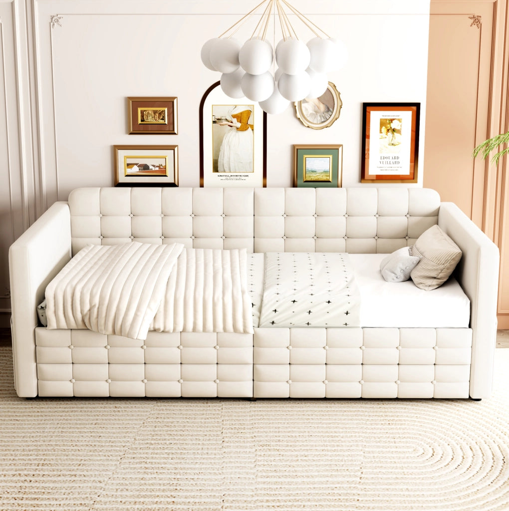 Letto imbottito 90x190 cm con tasche laterali e 2 cassetti in velluto beige