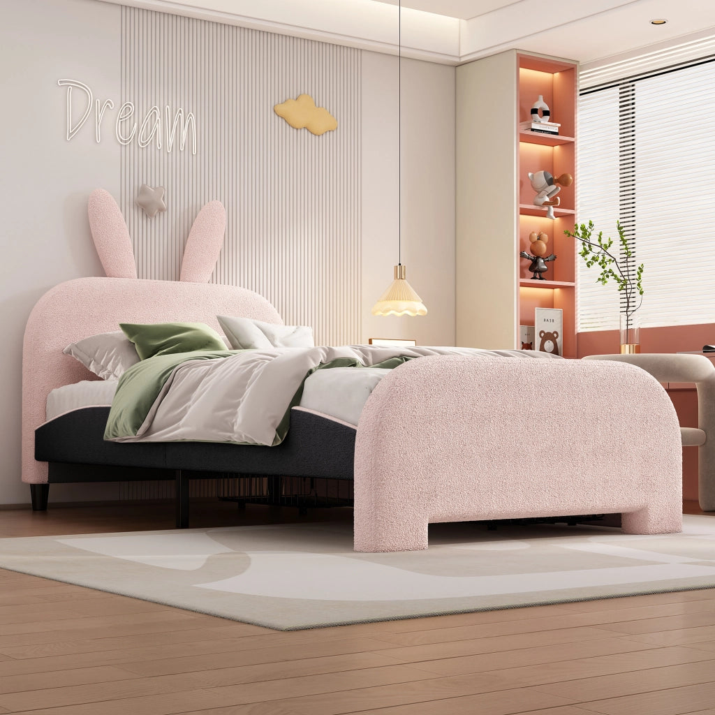 Letto Singolo per Bambini con 2 Cassetti e Testiera Coniglio; 90 × 200 cm; senza Materasso; in Peluche e MDF; Rosa