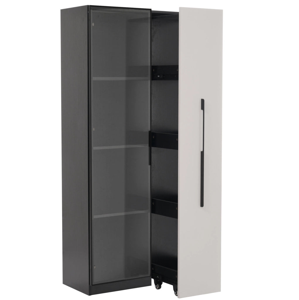 Vetrina moderna con LED e vano laterale 70x40x160 cm in MDF; nero e bianco