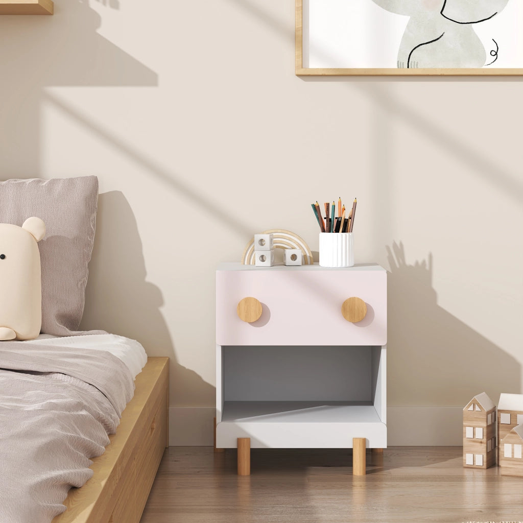 Comodino per Cameretta Vaarentaa con Cassetto e Scomparto Aperto 47x40x35 cm - Bianco/Rosa [en.casa]