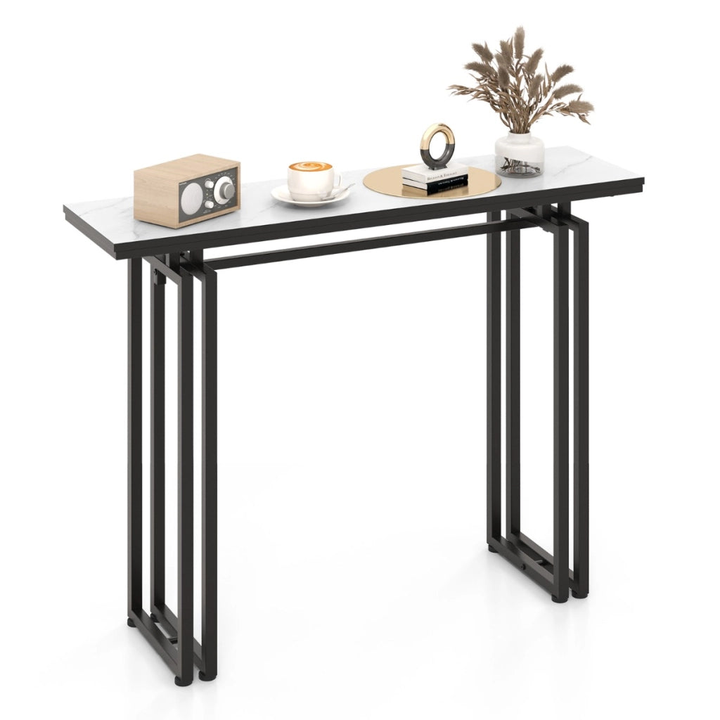 Consolle 110cm con piano in finto marmo e struttura in metallo per impieghi gravosi, Tavolino lungo per divano Nero-Consolle