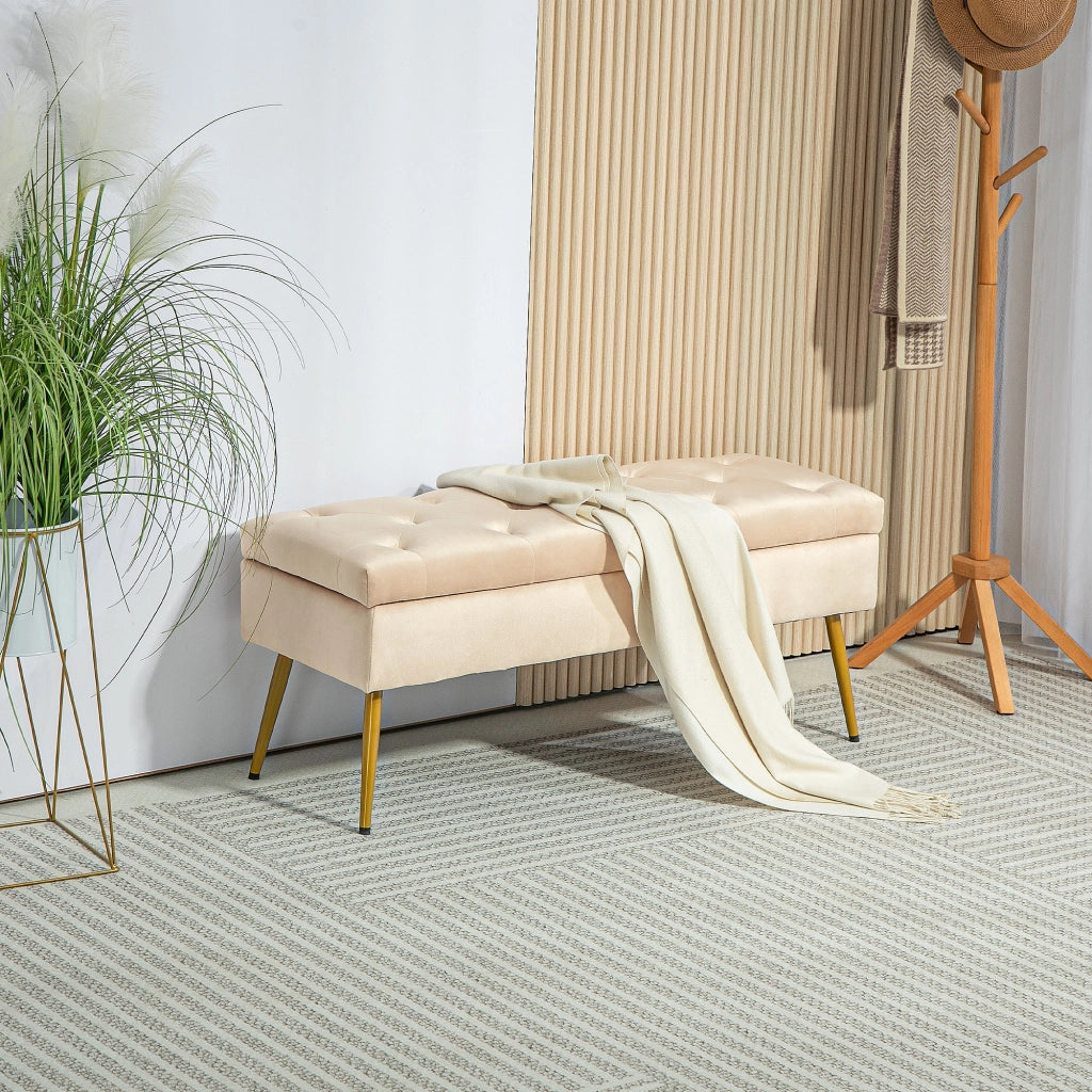 Panca contenitore imbottita effetto velluto ¨C Xylo ¨C Design trapuntato beige 102x35x43cm