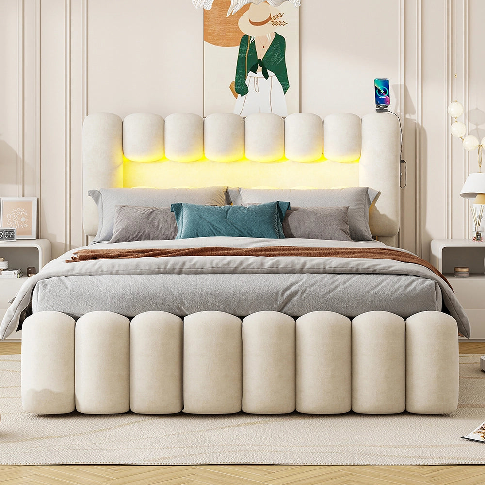 Letto matrimoniale con cassetti - Xylo - 160x200 cm - Beige - Luci LED USB e catena hi-fi