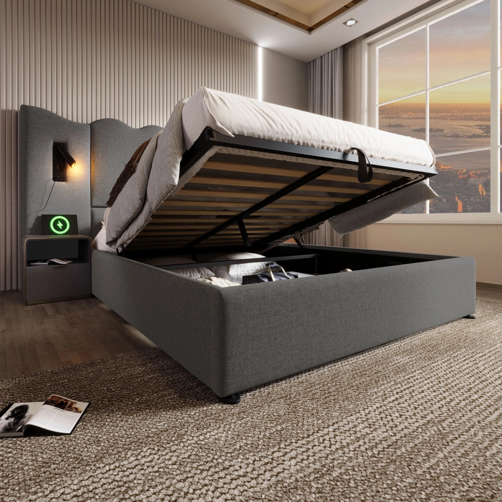 LETTO Contenitore 160x200 cm Grigio in lino con lampada da lettura e ricarica USB Type-C