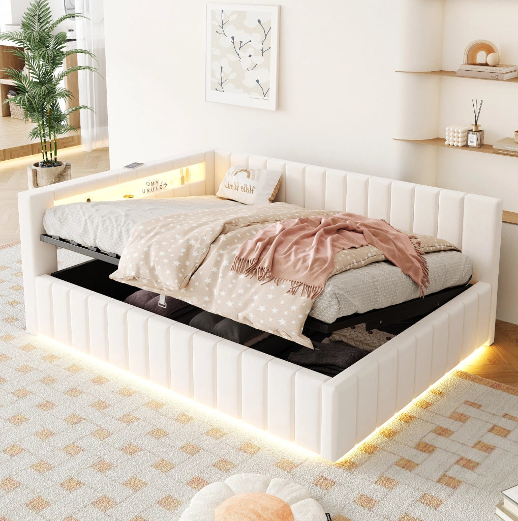 Letto matrimoniale imbottito 140x200 cm con contenitore idraulico; LED e USB; velluto beige