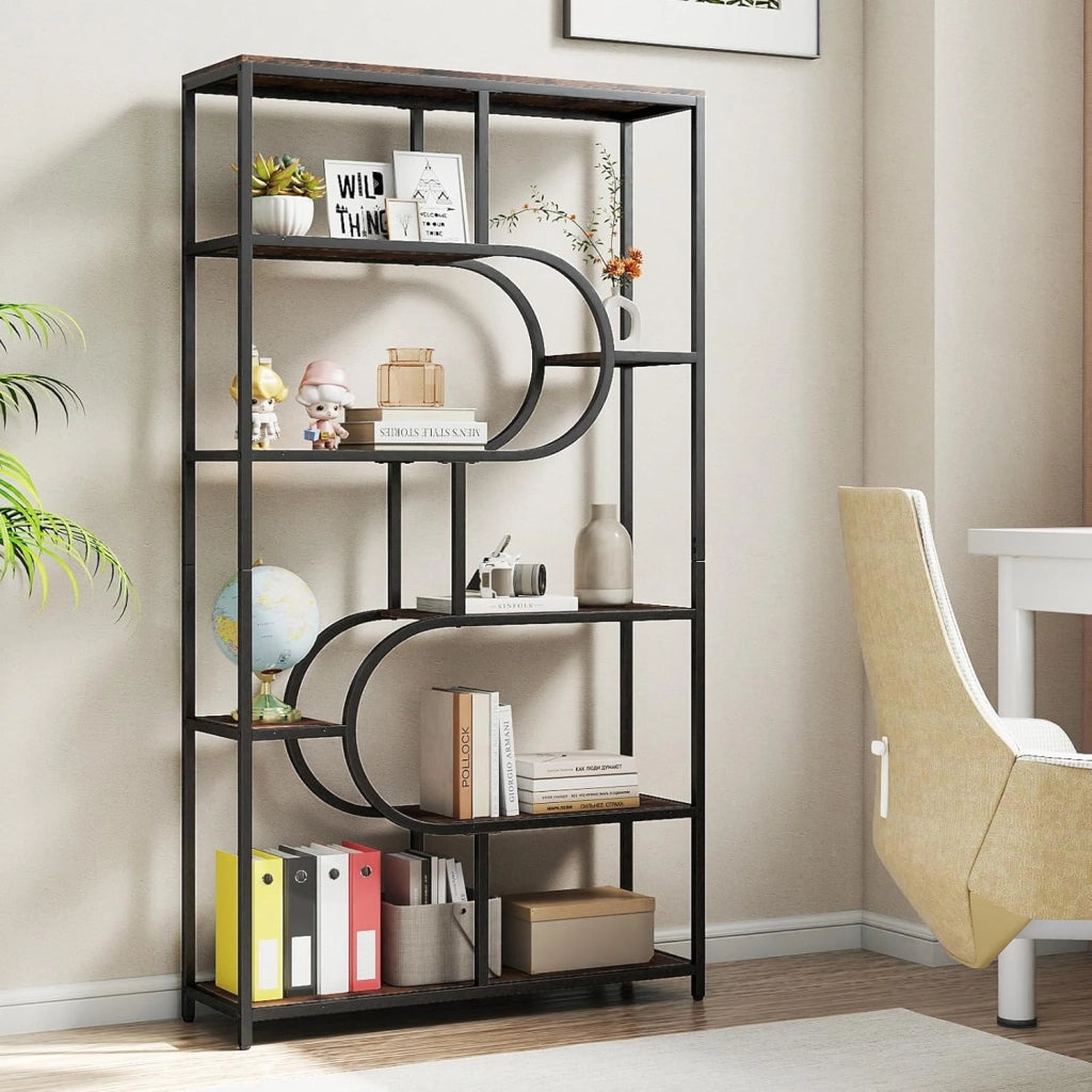 Libreria a 5 Ripiani, Scaffale Alto Autoportante a Forma Ovale con Ripiani Aperti, Struttura in Metallo, Organizer per Soggiorno e Ufficio di Casa, 95x30x175 cm (Marrone)
