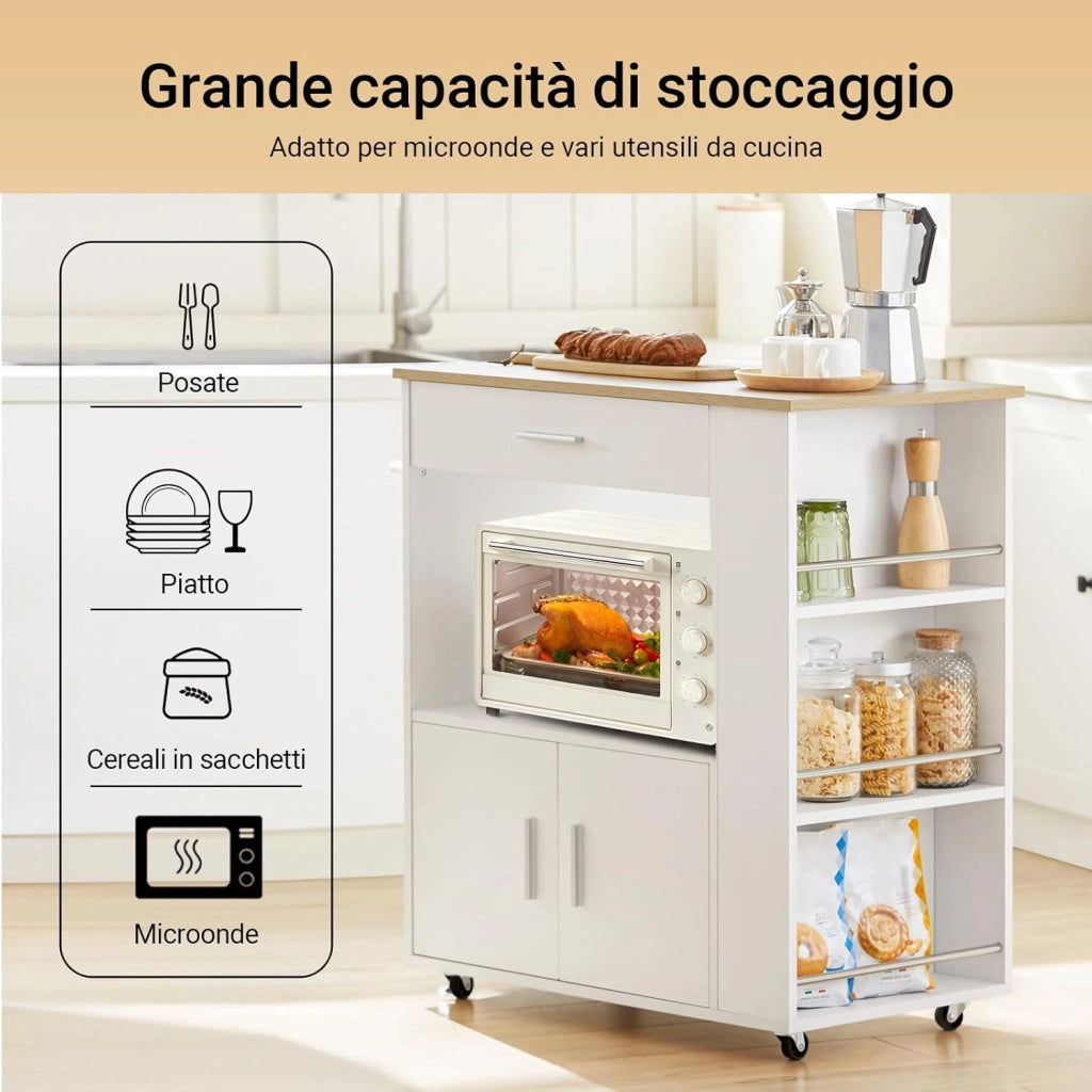 Mobile Cucina Salvaspazio Credenza Cucina Carrello Cucina con Ruote Mobiletto Cucina Dispensa Madia Cucina Mobile Cucina con Ripiani Bianco 82x46x88 cm FKW113‑WN