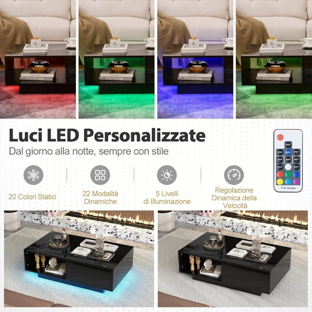 Tavolino da Salotto in Legno, Tavolino Moderno e Rettangolare con 20 Colori di Luci a LED, Telecomando, Cassetto e Ripiano Aperto, Tavolino per Studio e Ufficio (Nero)