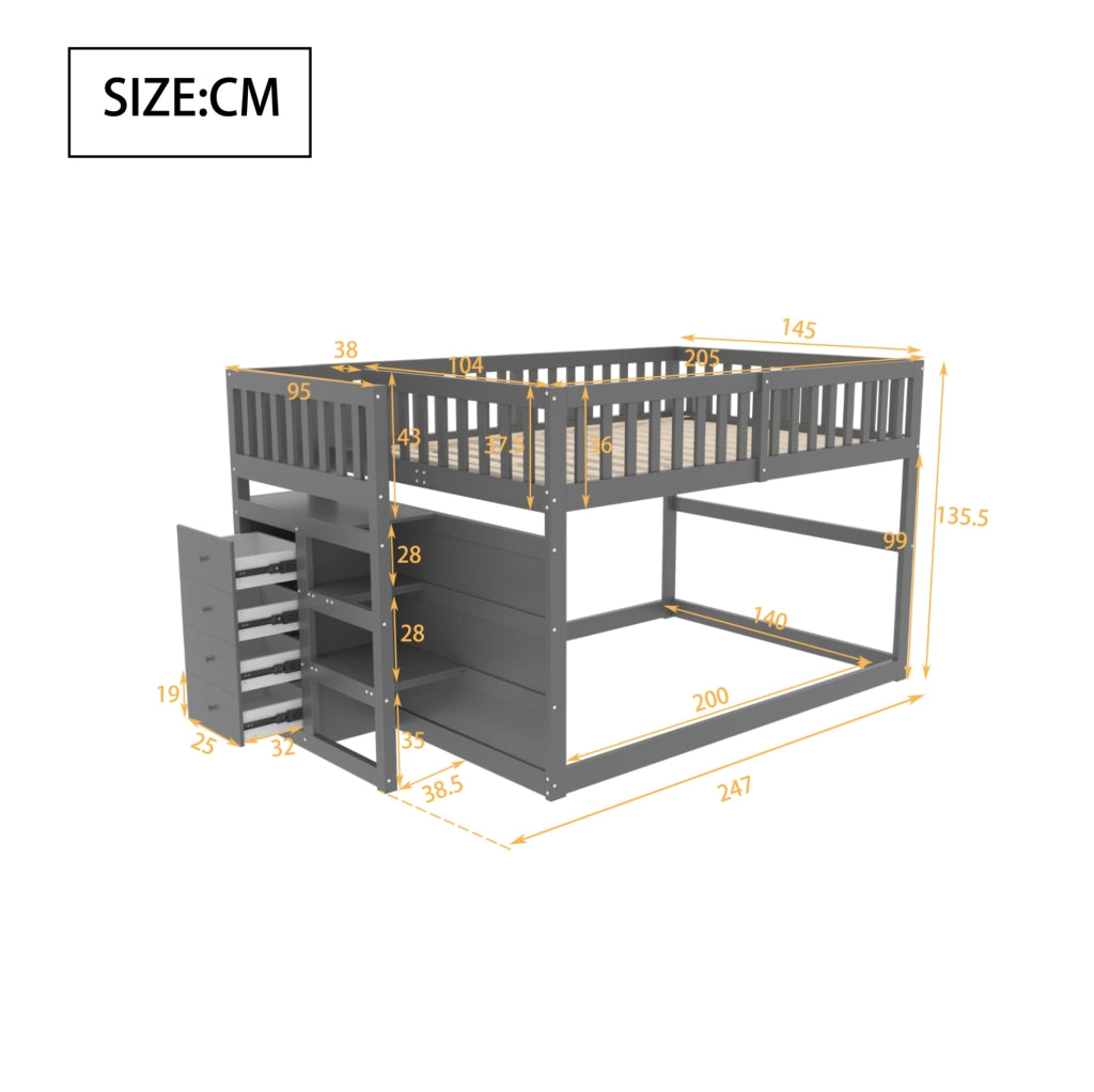 Letto a castello 140x200 cm con scala; 4 cassetti e sponda alta in legno grigio