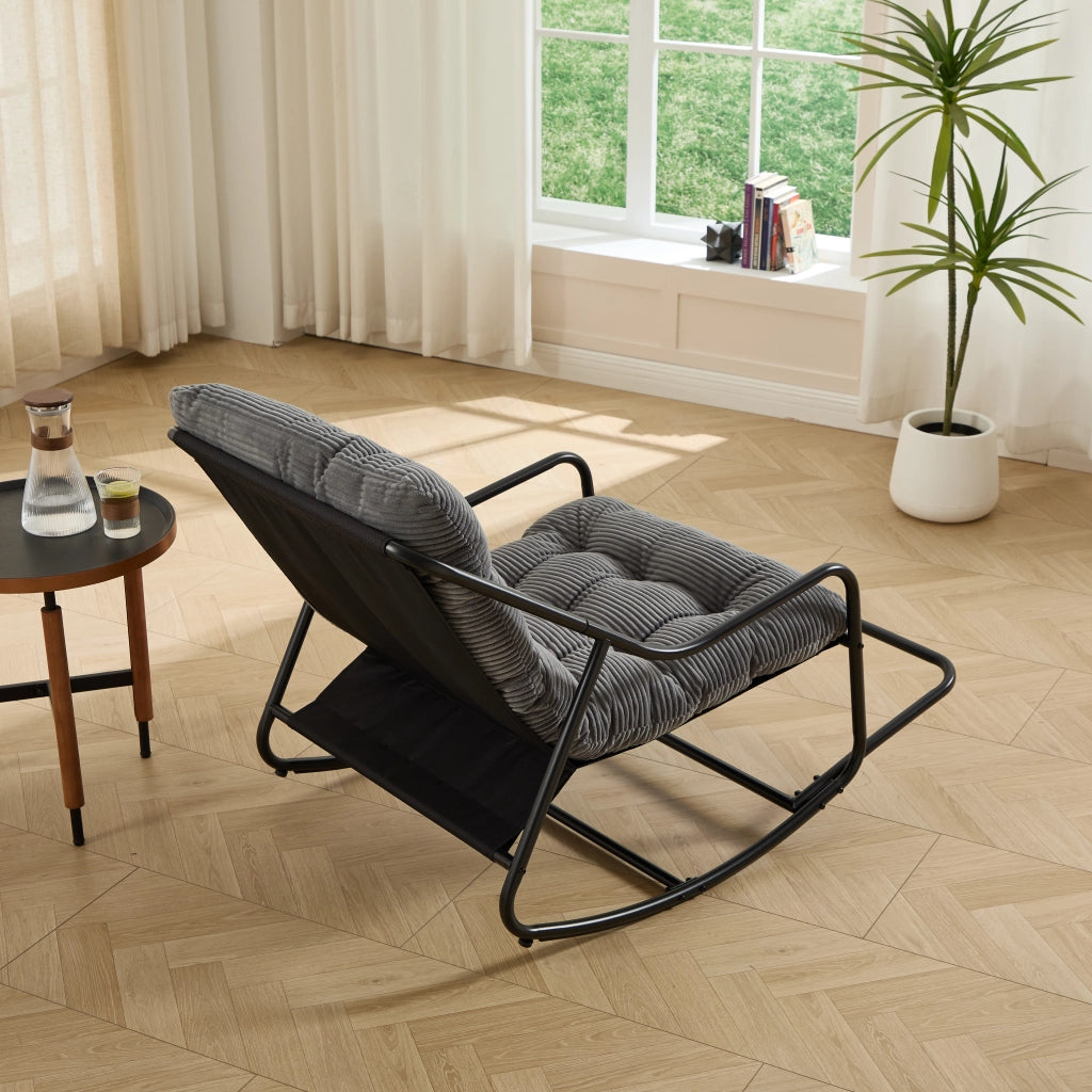 Poltrona da Giardino con Poggiapiedi a Dondolo Regolabile con Cuscino Spesso; senza Braccioli; Acciaio Grigio 75 × 116 × 82 cm