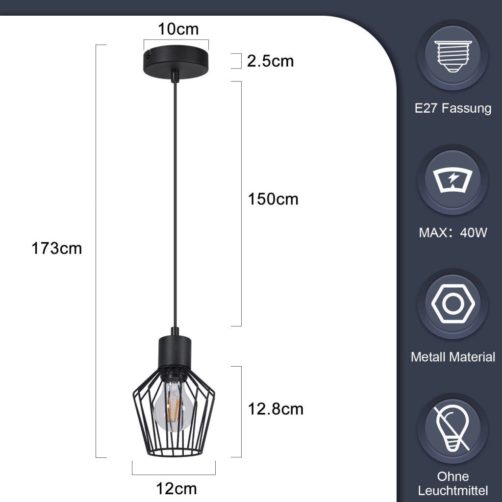 Lampada a sospensione ZMH per tavolo da pranzo lampada a sospensione nera E27 1 fiamma in metallo