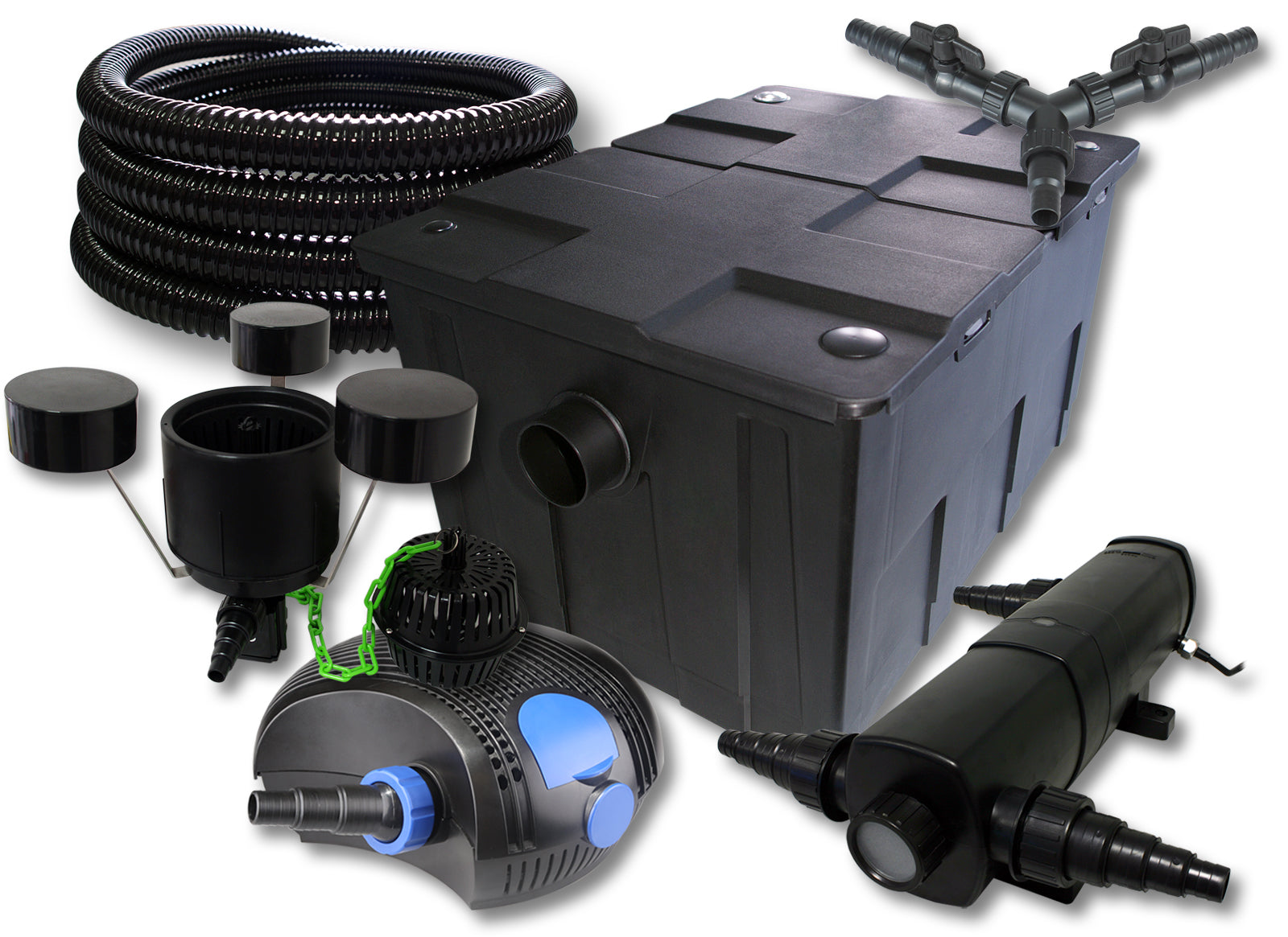 Set filtro per laghetto da 60.000l Chiarificatore 24W Pompa ECO 100W Tubo 25m Skimmer