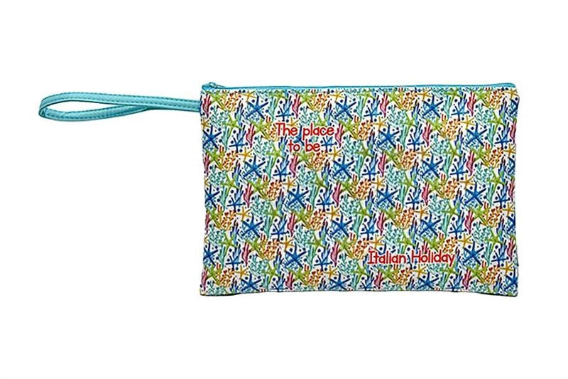 POUCHETTE BORSETTA MARE 28X18 CM COLORATA CON SCRITTA PLACE TO BE ITALIAN HOLIDAY CON STELLE MARINE- IN STOFFA