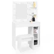 IDMarket - Mobiletto ZELIA con specchio LED, 1 cassetto, ripiani, contenitore e sgabello