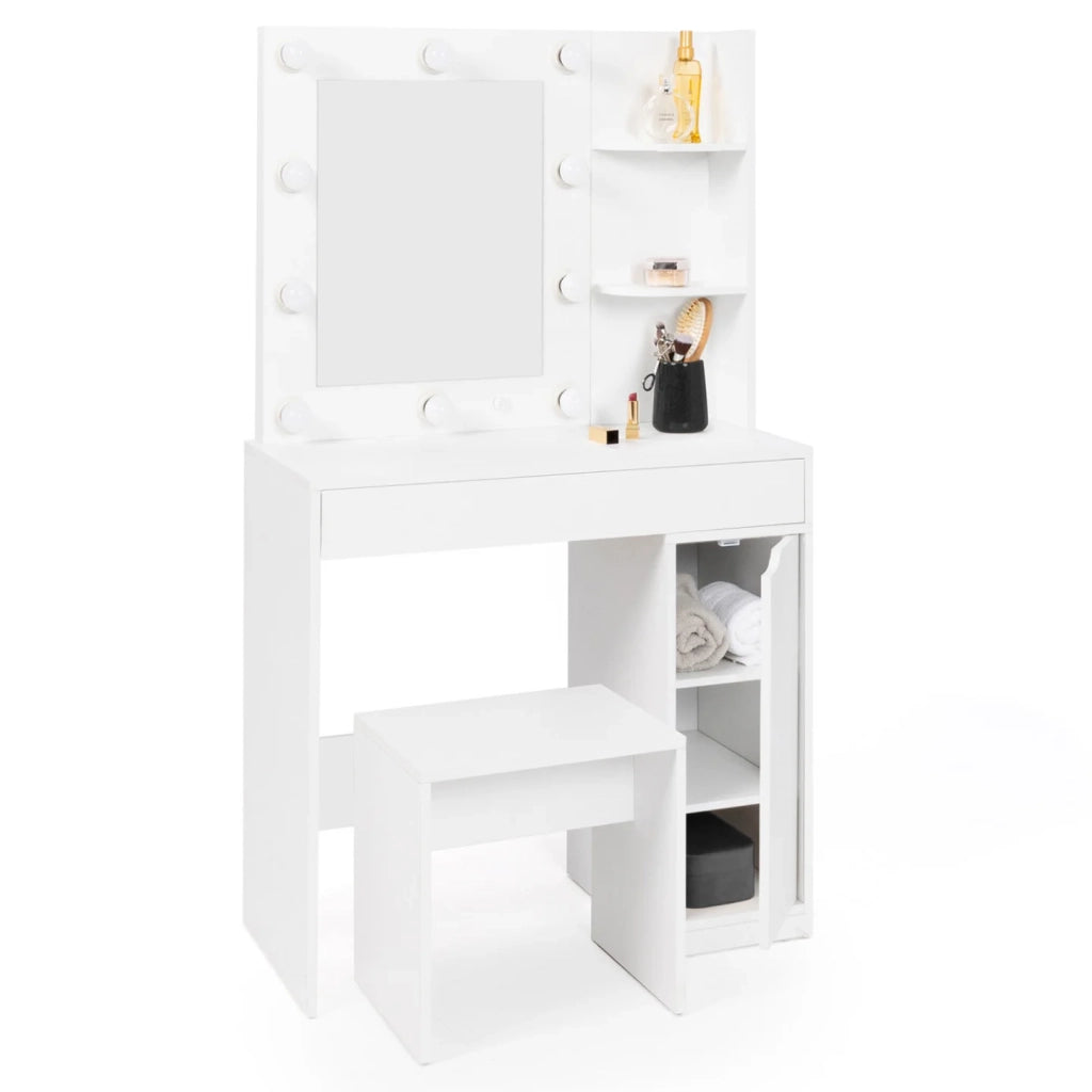 IDMarket - Mobiletto ZELIA con specchio LED, 1 cassetto, ripiani, contenitore e sgabello