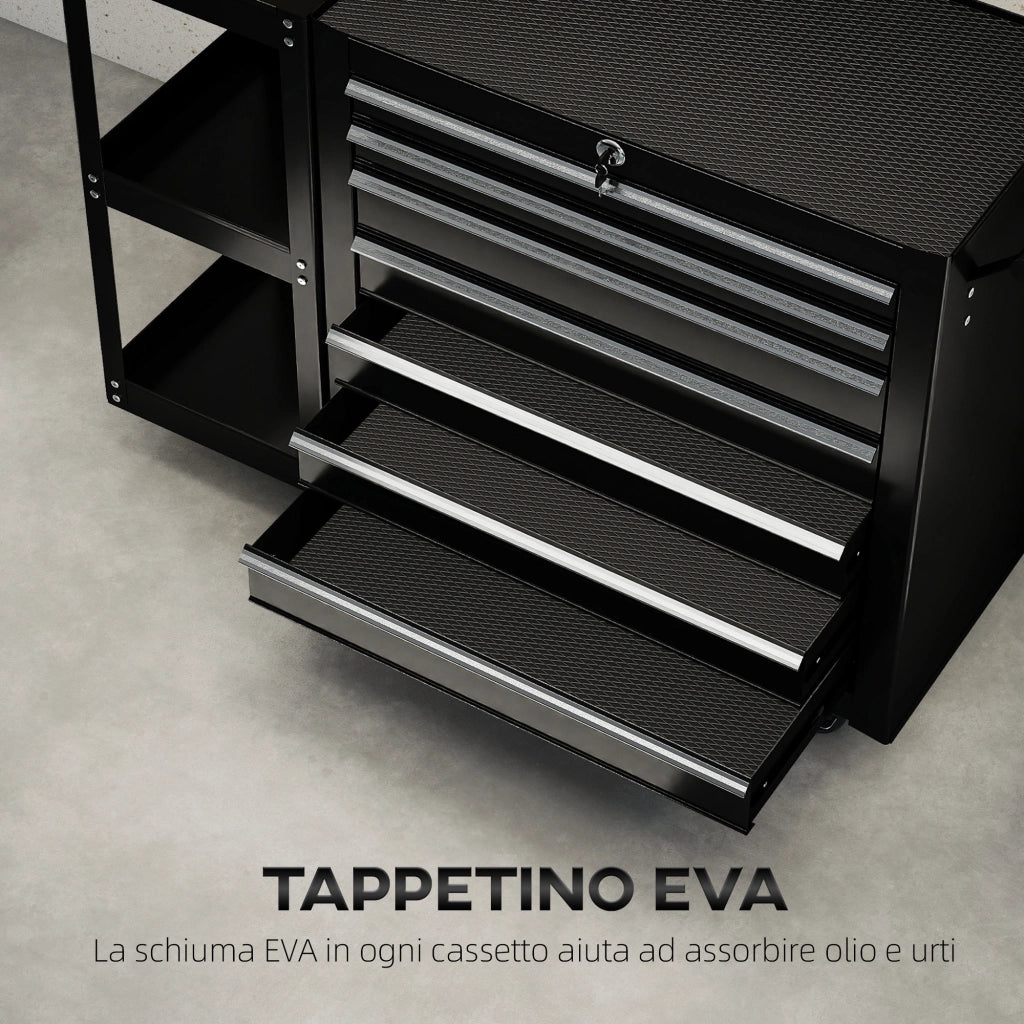 Carrello Portautensili 96x33,5x75 cm con 7 Cassetti Mensola Laterale Staccabile Ruote Capacità 120kg in Acciaio Nero