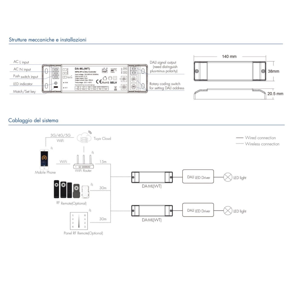 Dimmer DALI WiFi + RF 2.4GHz, Controller per DIM CCT RGB RGBW RGB+CCT, App Tuya Smart Life, Push Dim, 1 Indirizzo, Uscita 16VDC Max 150mA, Input AC220V