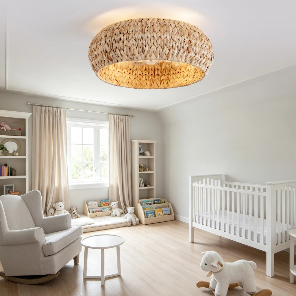 Ventilatore da soffitto con luce in rattan, 4 portalampada E26, controllo App e telecomando, rame