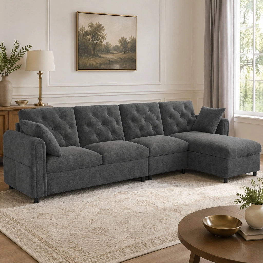 Divano angolare a L grigio con letto e contenitore 281x132 cm