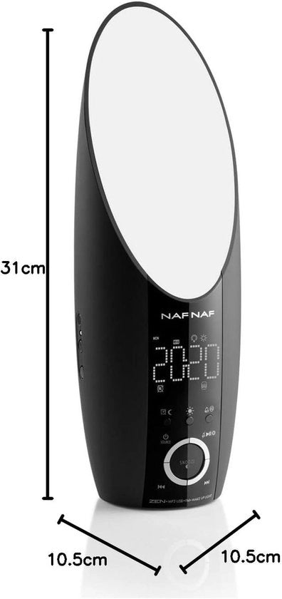 Wake-up light con simulazione dell'alba, radio sveglia con tuner FM, suoni naturali, lampada LED multicolore, nera