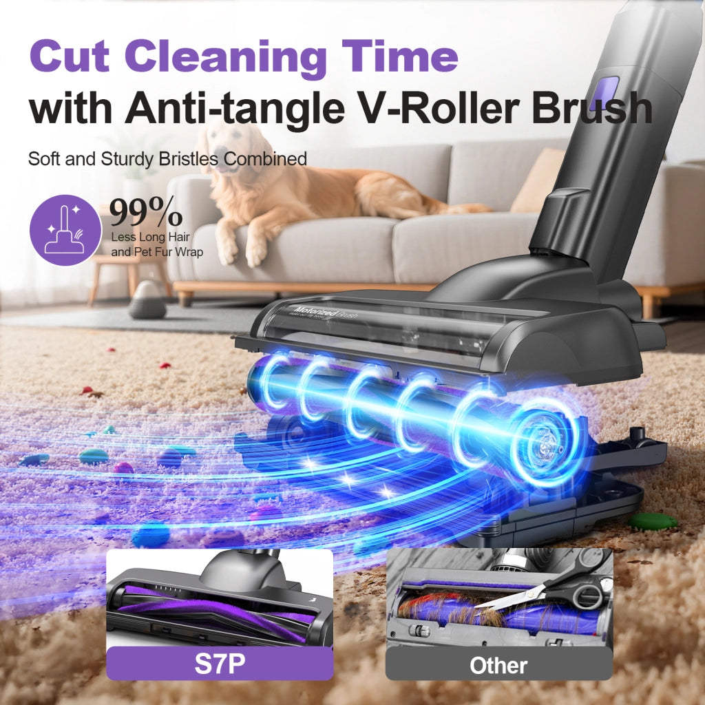 Aspirapolvere senza fili INSE S7P viola con display a LED e spazzola a rullo morbida.
