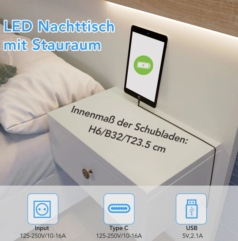 Letto matrimoniale 160x200 cm effetto sospeso con 2 comodini LED; USB e presa EU; Sonoma Eiche e bianco