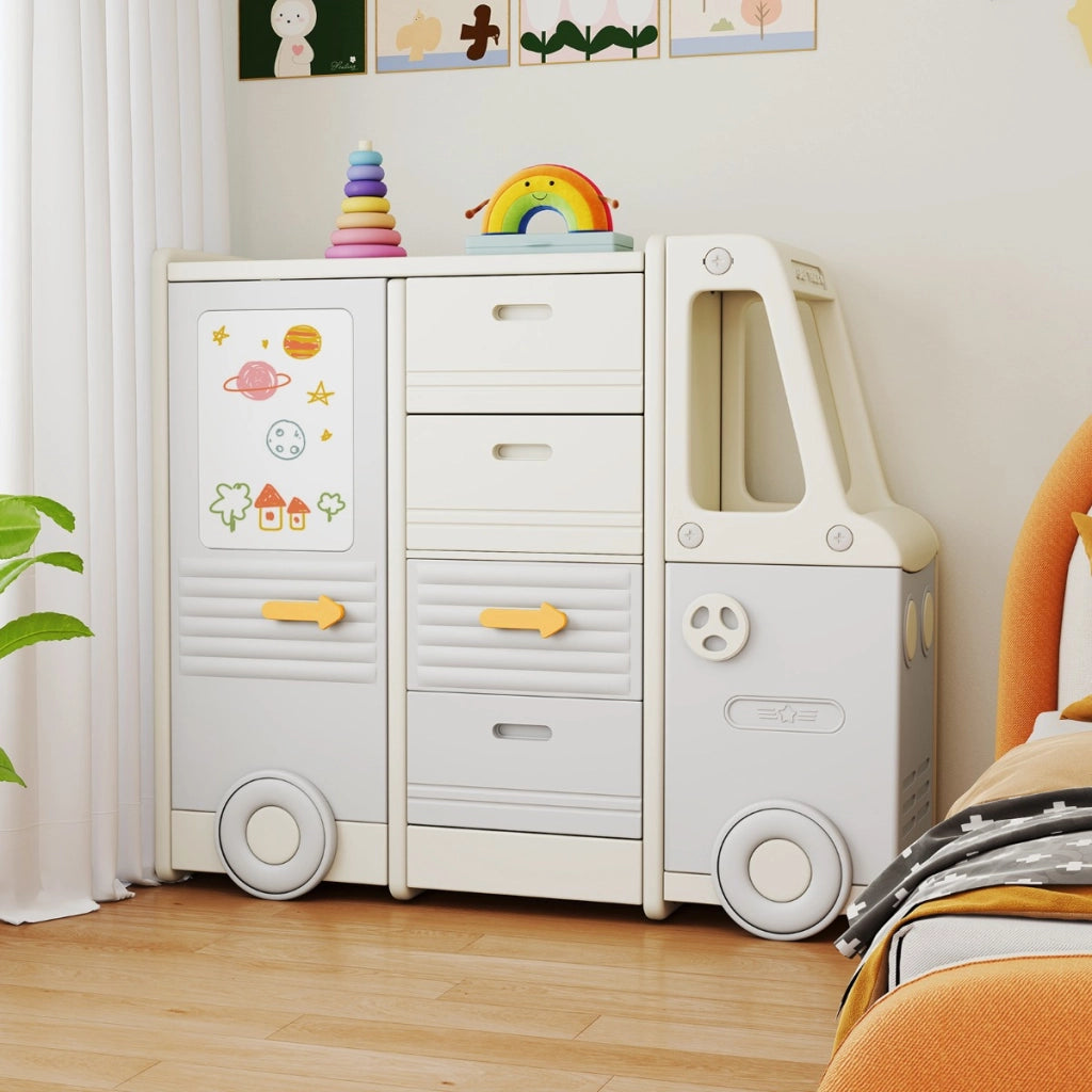 Organizzatore di giocattoli per bambini, Mobiletto a forma di autobus con 4 cassetti estraibili con maniglie Beige e Grigio-Scaffalature