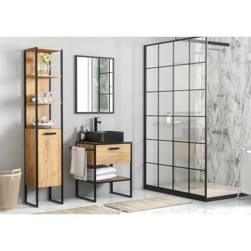 Mobile sottolavabo ONIL – 2 porte – Rovere chiaro e nero – Stile industriale – L70 cm