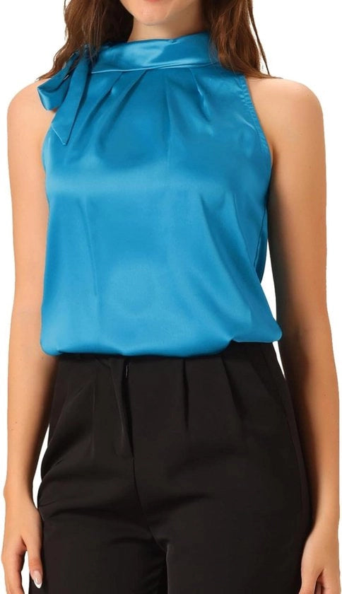 Top da donna senza maniche in seta con ruches eleganti e collo rialzato in blu ghiaccio - Taglia L