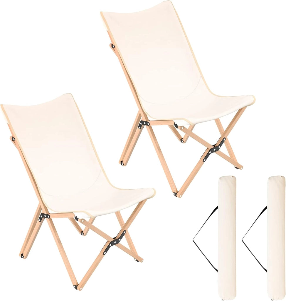 Set di 2 Sedie da Campeggio a Farfalla Pieghevole, con Borsa per il Trasporto, Sedia da Giardino in Bambù con Tasca Portaoggetti, Capacità di 150 KG, per Campeggio Pesca Picnic (Beige)