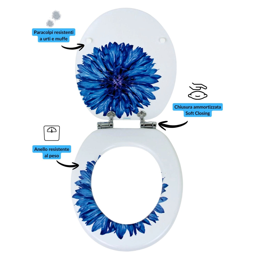 Sedile wc copri vater universale frizionato fantasia in mdf chiusura rallentata *** fantasia blue flower, confezione 1