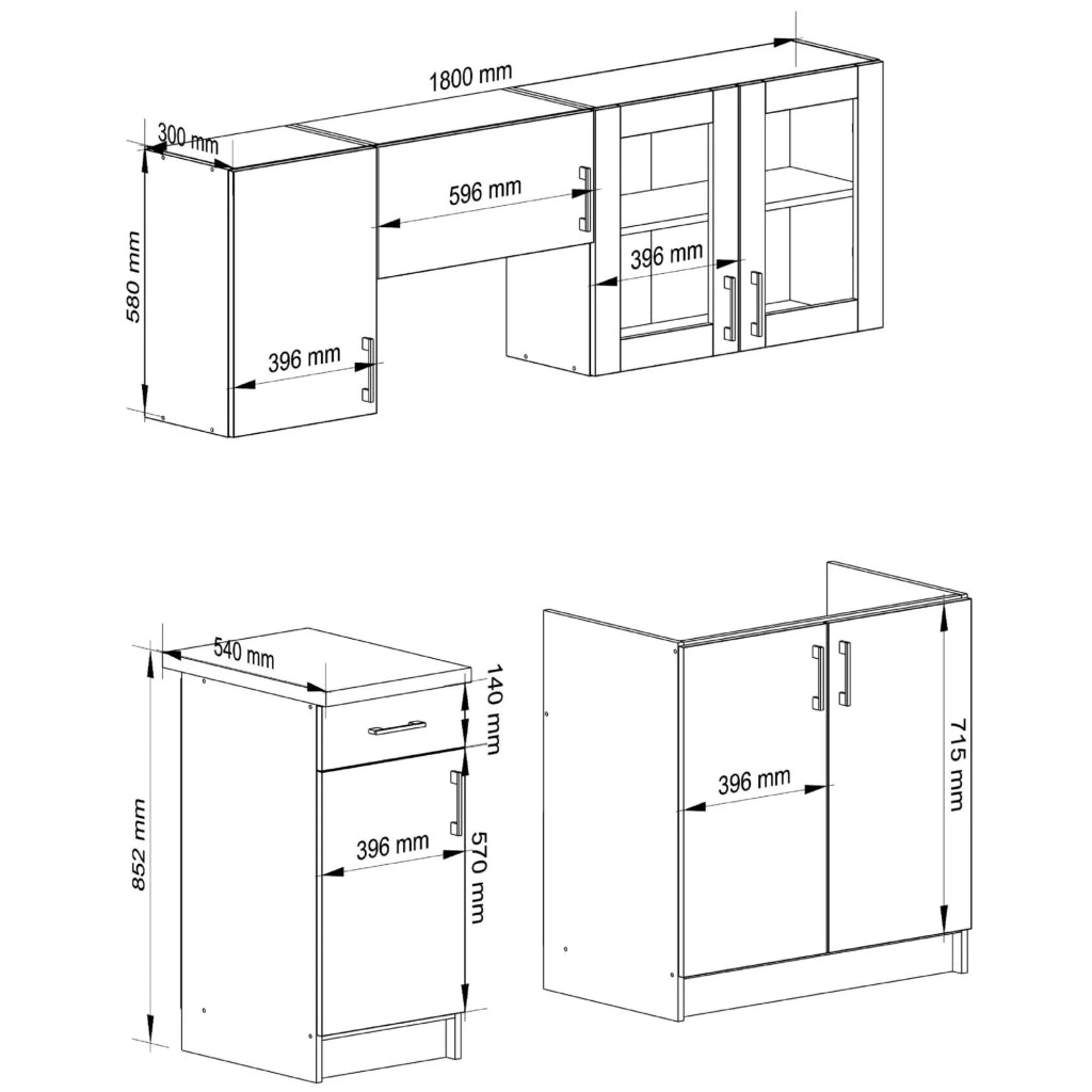 Set da cucina con vetrina AKORD LIMA 1,8 m Bianco 180 cm 7 ante 1 cassetto frontale Rovere Sonoma 8 ripiani 180×44,5×203 cm