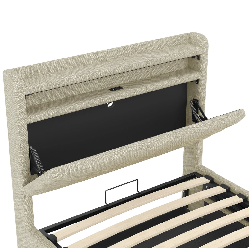 Letto imbottito 90x200 cm con LED, contenitore idraulico e porte USB/Type-C