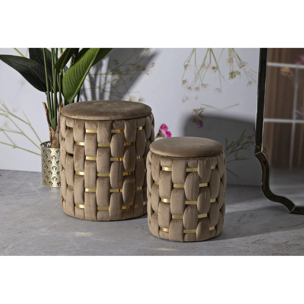 Set 2 pouf contenitore Shanty in velluto oro Ø37x42 e Ø28x35 cm