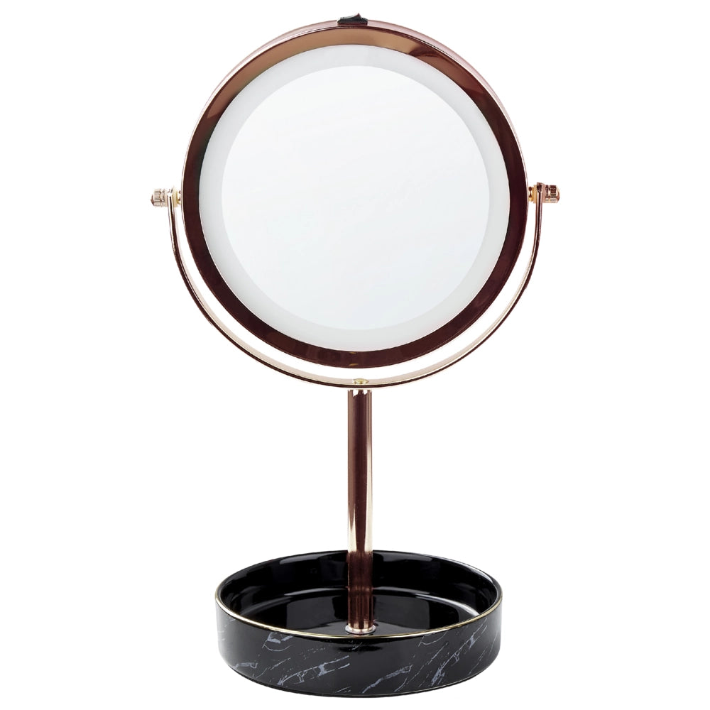 Specchio trucco con luci LED e telaio in ferro Ø 20 cm in color oro rosa e nero moderno