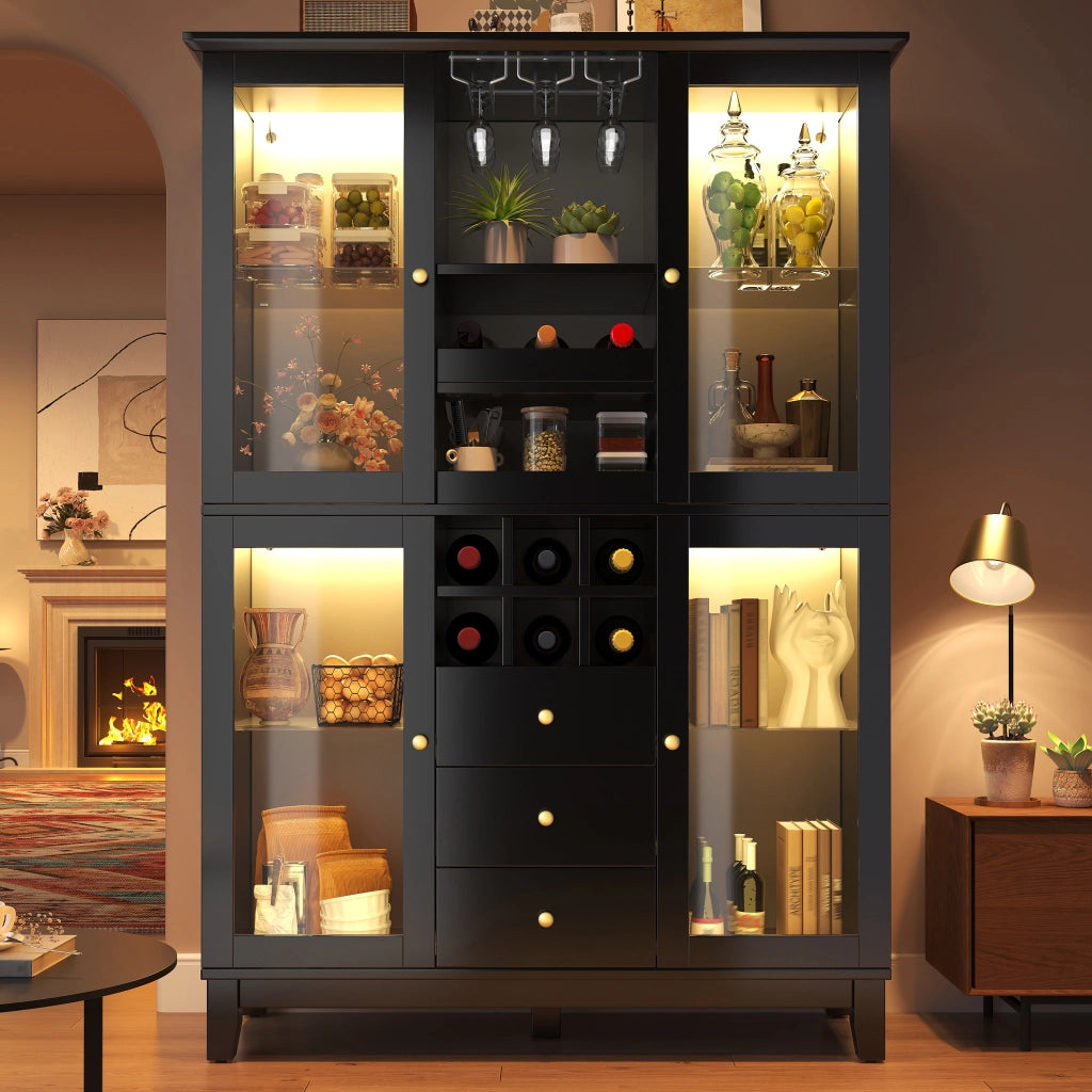 Mobile bar con LED RGB da app 3 cassetti ripiani regolabili portabicchieri portabottiglie MDF nero 120 × 40 × 180,5 cm
