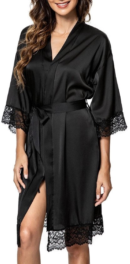 Kimono da notte per donna, giacca da camera satinata estiva, notturno con tasche e coda con bordo a fiori, notturno per festa, matrimonio, damigella, nera, XXL