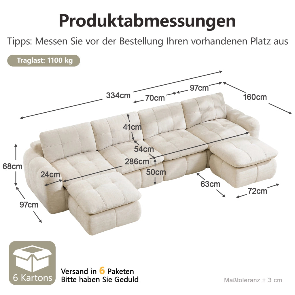 Divano modulare a U 4 posti senza montaggio con design trapuntato e 2 pouf per soggiorno in chenille beige